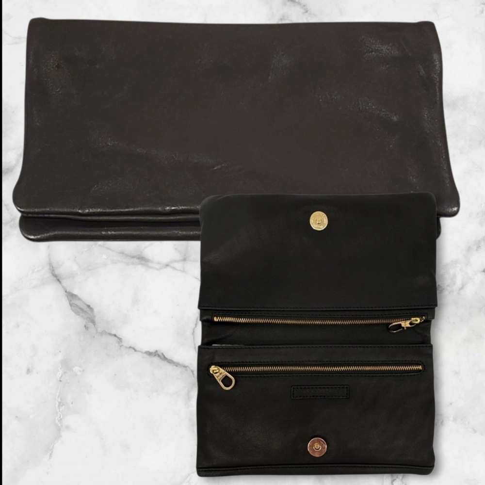 Ann Taylor Leather Clutch Fold Over Black Evening Bag Gold Capsule Minimalist